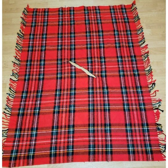 Vintage Fringe Poncho Red Tartan Plaid Wearable Stadium Blanket Washable 70s USA - Picture 5 of 9